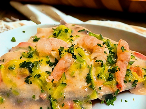 Filetto di Branzino gamberi e zucchine